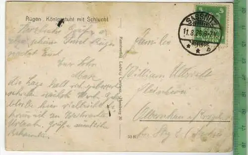 Rügen Königstuhl mit Schlucht-1926, - Verlag: Ludwig Carstens, Hamburg, POSTKARTE mit Frankatur, mit Stempel, SASSNITZ