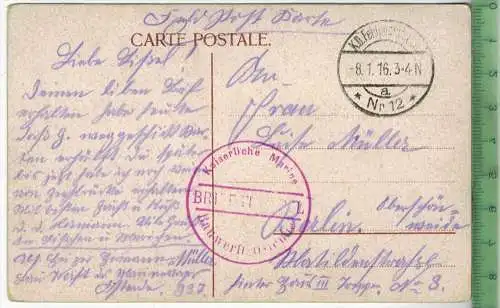 Ostende, 1916,  -Verlag: -----, FELD- POSTKARTE ohne Frankatur, mit Stempel  8.1.16, roter Briefst., Kaiserliche