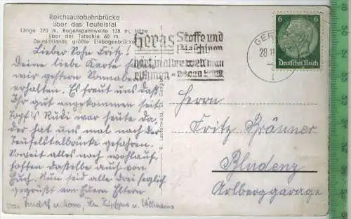Reichsautobahnbrücke über das Teufelstal - 1938-, Verlag: R. Lauferwald, St. Gangloff,   POSTKARTE mit Frankatur,