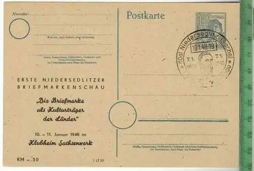 Ganzsache, Erste Niedersedlitzer Briefmarkenschau- 1948- Stempel NIEDERSEDLITZ 10.1.48 -   POSTKARTE, Erhaltung: I-II,