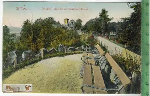 Zittau. Westpark, Denkmal der Entstehung Zittaus - 1908, Verlag: Hermann Seibt, Meissen, POSTKARTE, handkol.