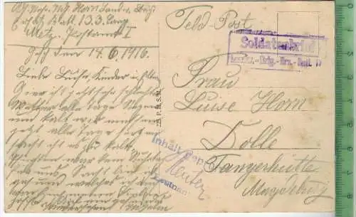 Charleville,1916- Verlag: P.M.S.M., FELD- POSTKARTE-ohne Frankatur, mit  Stempel, 14.6.1916,Prüfstempel und Unterschrift