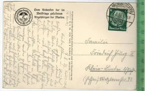 Marine Ehrenmal Laboe 1936, Verlag: M. Dieterle & Sohn, Kiel, Postkarte mit Frankatur,  mit Stempel, BRUNSBÜTTELKOOG,