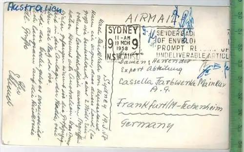 Sumner, Christchurch, N.Z. 1958, Verlag: ----, Postkarte ohne Frankatur, mit Stempel, SIDNEY 19.3.58, MIT BEFÖRDERUNGSP.