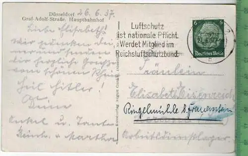 Düsseldorf, Graf-Adolf_Straße,,  Hauptbahnhof, Verlag: August Gunkel, Düsseldorf. Postkarte mit Frankatur, mit Stempel