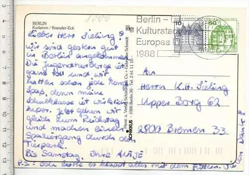 Berlin- Kudamm/Kranzler Eck, um 1980, Verlag: Schöning & Co., Postkarte mit Frankatur, mit Stempel,  Berlin,7.4.86,  Erh