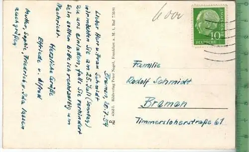 Frankfurt a. M. Eiserner Steg mit Dom, Verlag: Peter Nagel, Frankfurt, Postkarte mit Frankatur und Stempel, um 1950/1960