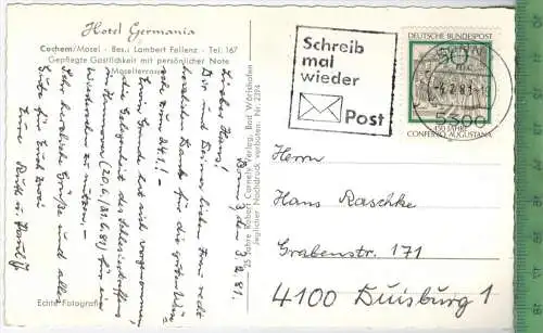 Blick von der Umkehr auf Cochem, Hotel Germania,  Verlag: Robert Cornely, Bad Wörishofen, Postkarte Mit Frankatur,