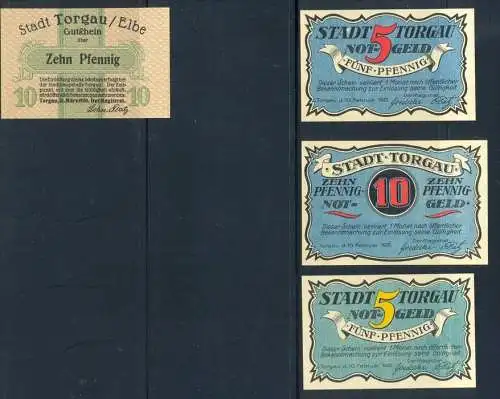 Torgau-Notgeldscheine, kassenfrisch, 1920/1921 1x 10 Pf.,-31.3.1920, 1x 10 Pf., 10.2.1921, 2x 5Pf. 10.2.1921