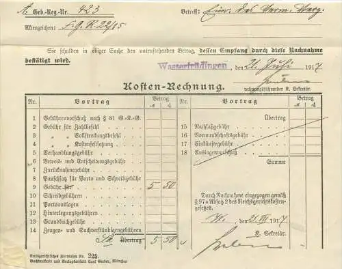 Nachnahme, des K. Amtsgerichts Wassertrüdingen, 21. Juli. 1917