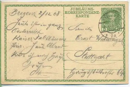 Jubiläums-Korrospondens-Karte um 1900/1910, Verlag:----, Postkarte, mit Frankatur, mit Stempel , BREGENZ 12:12:08