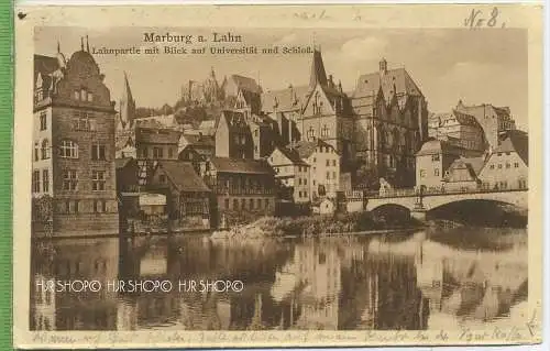 Marburg a. Lahn, Lahnpartie mit Blick auf Universität und Schloß um 1930/1940 Verlag:  Postkarte, mit Frankatur, mit Ste