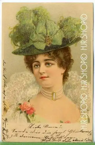 Dame mit Hut , Karte mit feinem Quarzkies belegt um 1900/1910, Verlag:...., POSTKARTE mit Frankatur, mit Stempel,