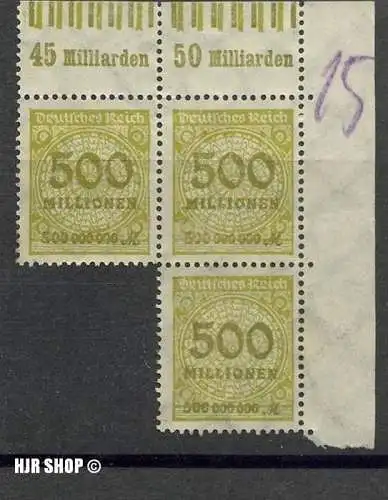 1923.9. Okt./24. Nov..Rosetten-Muster I,  MiNr.324A**  3er Block mit Seitenrand, Zust. gut