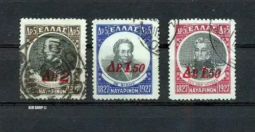 1927/28. So.-Ausg. 100. Jahrestag der Seeschlacht von Navarino, 3 Werte, 324-325, und 326 mit Aufdr.