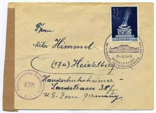 Zensurpost 1 x  Beleg mit österreichischer  Zensur. 17.09.1949