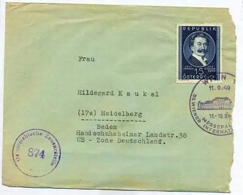Zensurpost 1 x  Beleg mit österreichischer  Zensur. 11.09.1949
