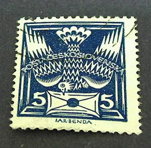 AH-Tschechoslowakei, Taube mit Brief, blau, 5 Hella. 1920, gest.