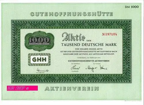 GUTEHOFFNUNGSHÜTTE, Aktie Tausend Deutsche Mark,