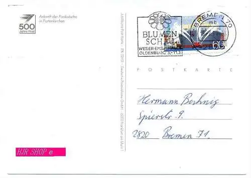 Ankunft der Postkutsche in Partenkirchen,  Marke, Stempel Bremen 70, 15.02.1990