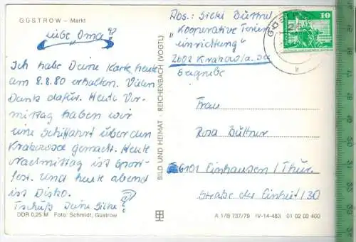 Güstro, Markt.1980, Verlag: -----------, POSTKARTE, Frankatur,  Stempel,   Erhaltung: I-II, Karte wird in Klarsichthülle