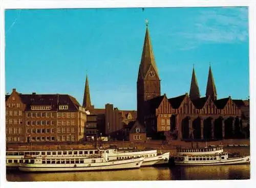 Bremen, Stadtpanorama an der Weser um 1980/1990 Verlag:  ,  POSTKARTE,  mit Frankatur, mit Stempel,  BREMEN 2.2.85  Erha