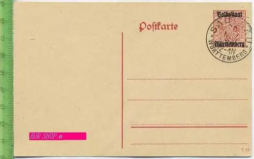 Postkarte, 10 Pf. Volksstaat, Württemberg,  Gestempelt: Saulgau, Württemberg