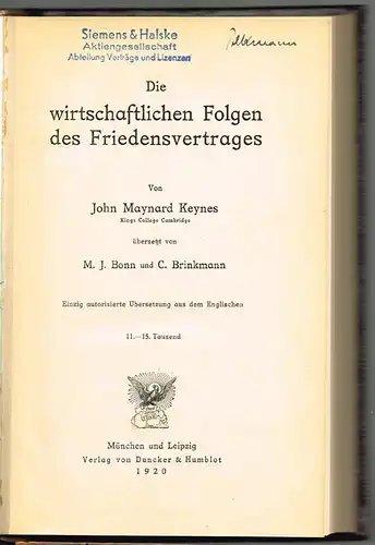 John Maynard Keynes: Die wirtschaftlichen Folgen des Friedensvertrages. Übersetzt von M. J. Bonn und C. Brinkmann.