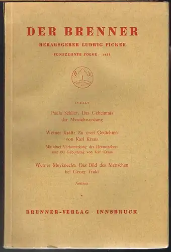 Der Brenner. Herausgeber Ludwig Ficker. Fünfzehnte Folge / 1934.