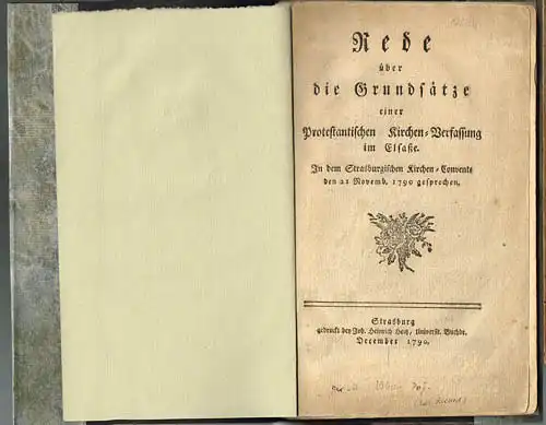 Rede über die Grundsätze einer Protestantischen Kirchen-Verfassung im Elsaße. In dem Strasburgischen Kirchen-Convente den 21 Novemb. 1790 gesprochen.
