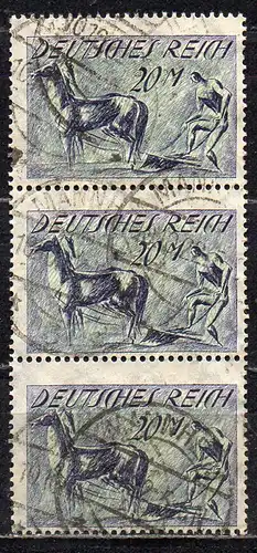 Deutsches Reich, Mi-Nr. 196 gest., senkrechter 3´er-Streifen, WZ 2 Waffeln, Pflüger