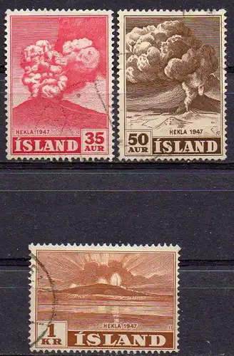 Island, Mi-Nr. 249, 250 + 252 gest., Ausbruch des Vulkans Hekla in 1947