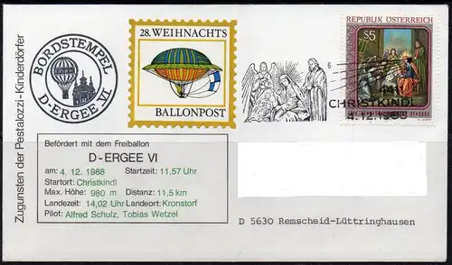 Österreich, Mi-Nr. 1943 gest. mit SST 4.12.1987 Christkindl, Weihnachten 1988, 28. Weihnachts-Ballonpost von Christkindl nach Kronstorf am 4.12.1988.
Persönliche Anschriftendaten wurden ausschließlich auf dem Scan entfernt.