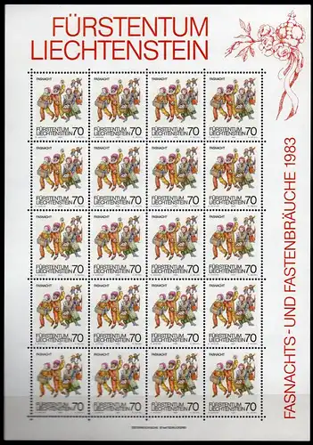 Liechtenstein, Mi-Nr. 819 **, 20 x im Bogen, Fasnachtsbräuche