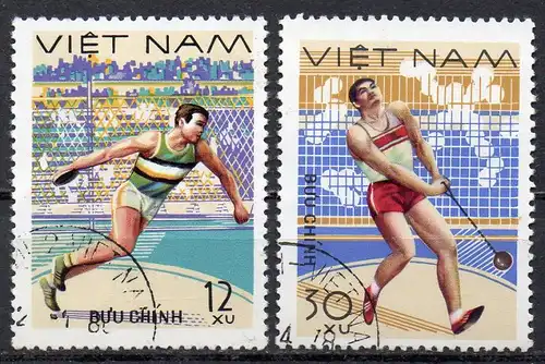 Vietnam, Mi-Nr. 961 + 964 gest., Leichtathletik: Diskus- und Hammerwerfen