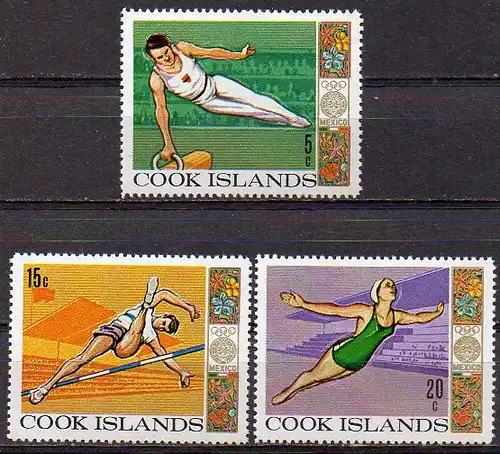 Cook - Inseln, Mi-Nr. 202, 203 + 204 **, Olympische Spiele Mexiko