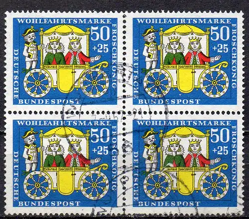 BRD, Mi-Nr. 526 gest., 4´er-Block, Wohlfahrt 1966, Märchen der Gebrüder Grimm: Der Froschkönig