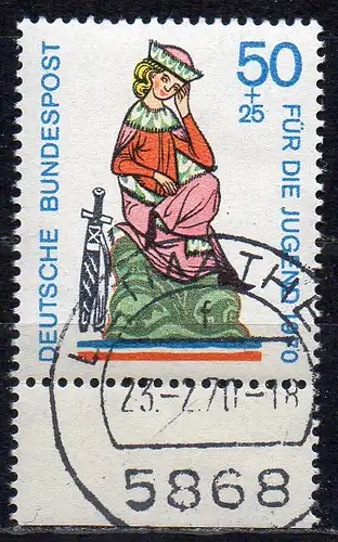 BRD, Mi-Nr. 615 gest., Rand unten, Jugend 1970, Minnesänger