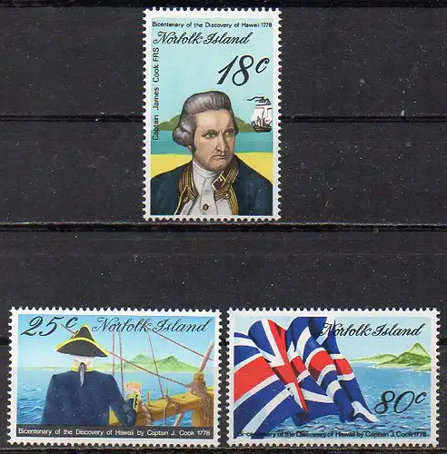 Norfolk Inseln, Mi-Nr. 205 - 207 **, kompl., Kapitän James Cook - Entdeckung Hawaiis
