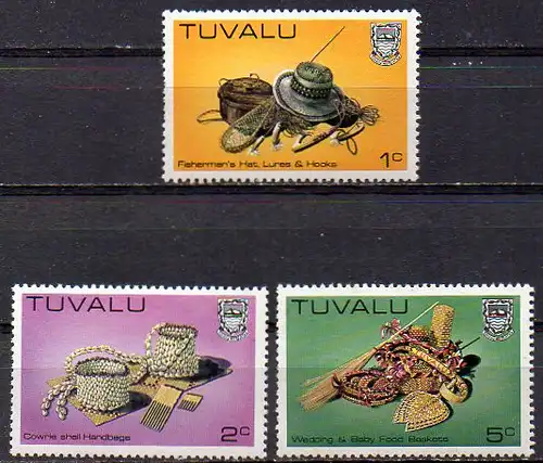 Tuvalu, Mi-Nr. 173, 174 + 175 **, folkloristische Kunst