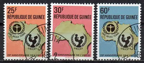 Guinea, Mi-Nr. 592, 593 + 595 gest., 25 Jahre UNICEF