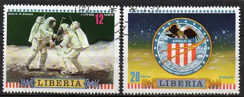 Liberia, Mi-Nr. 838 + 839 gest., Mondflug von Apollo 16