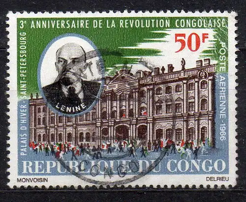 Kongo - Brazzaville, Mi-Nr. 105 gest., 3. Jahrestag der kongolesischen Revolution; Lenin; Palast in St. Petersburg
