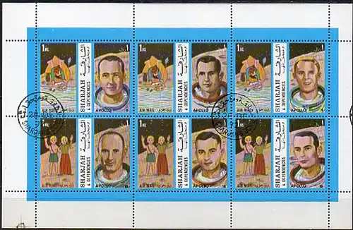 Sharjah, Mi-Nr. 1344 - 1349 gest., kompl., KlBgn.,  Sternzeichen u. Astronauten Apollo 9 + 10