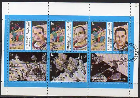 Sharjah, Mi-Nr. 1368 - 1373 gest., kompl., KlBgn.,  Sternzeichen u. Astronauten Apollo 17