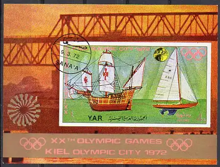 Jemen (Nordjemen), Block Mi-Nr. 171 gest., Kiel - Olympische Stadt 1972 - Segelschiffe