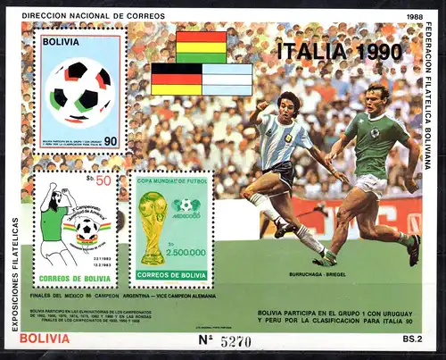 Bolivien, Block Mi-Nr. 177 **, Fußball-Weltmeisterschaft Italien 1990