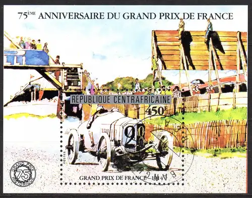Zentralafrika, Block Mi-Nr. 153 gest.,  Motorsport - 75 Jahre "Großer Preis von Frankreich"