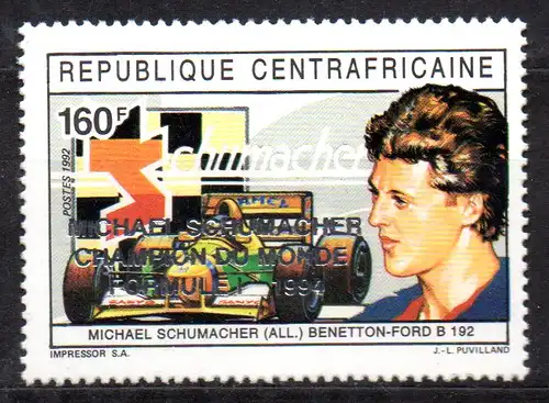 Zentralafrika, Mi-Nr. 1651 **, Motorsport Formel 1 - Michael Schumacher Weltmeister 1994