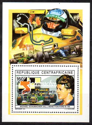 Zentralafrika, Mi-Nr. 1651 im Block **, Motorsport Formel 1 - Michael Schumacher Weltmeister 1994